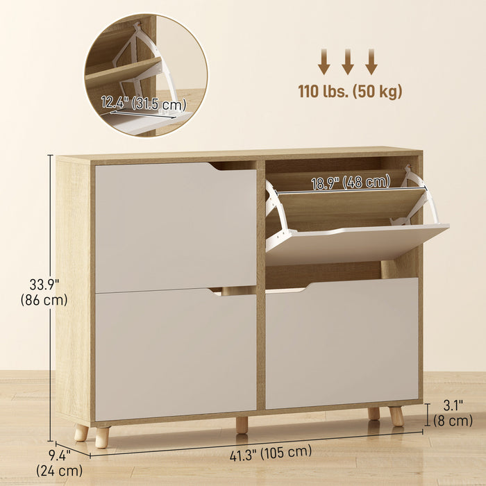 HOMCOM Shoe Cabinet, Shoe Storage Cabinet with 4 Flip Drawers, Natural