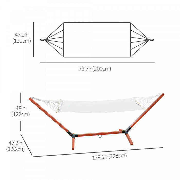 Outsunny 130\" X 47\" Hammock With Stand, Outdoor Hammock Camping Bed, Freestanding Lounge Chair With Wooden Frame Cotton Fabric For Outdoor Indoor, White, Teak