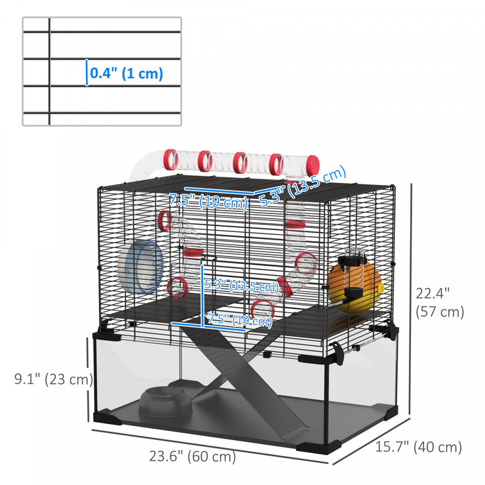 Pawhut Hamster Cage, Small Animal House With Deep Glass Bottom, Tunnel Tube System, Ramps, Platforms, Hut, Exercise Wheel, Water Bottle, Dish, 24\" X 16\" X 22\"