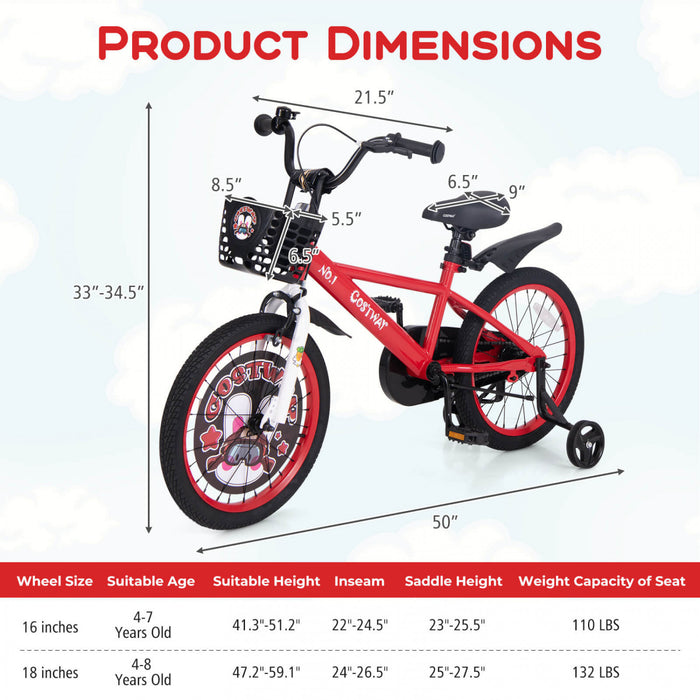 Costway 18\" Kid's Bike For 4-8 With Height-adjustable Handlebar & Saddle Handbrake Red