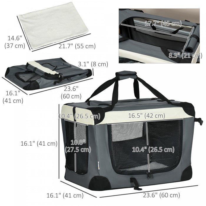 PawHut 24\" Foldable Pet Carrier, Portable Cat Carrier with Removable Mat, Breathable Mesh, Soft Side Pet Travel Crate for Cat & Miniature Dogs, Grey