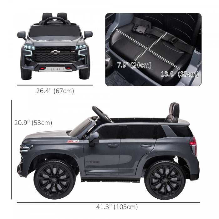 Aosom 12v Licensed Chevrolet Tahoe Powered Ride-On Car, Kids Ride On Car With Remote Control, 3 Speeds, Spring Suspension, Led Light, Horn, Music, Electric Kids Car For 3-6 Years Old, Grey