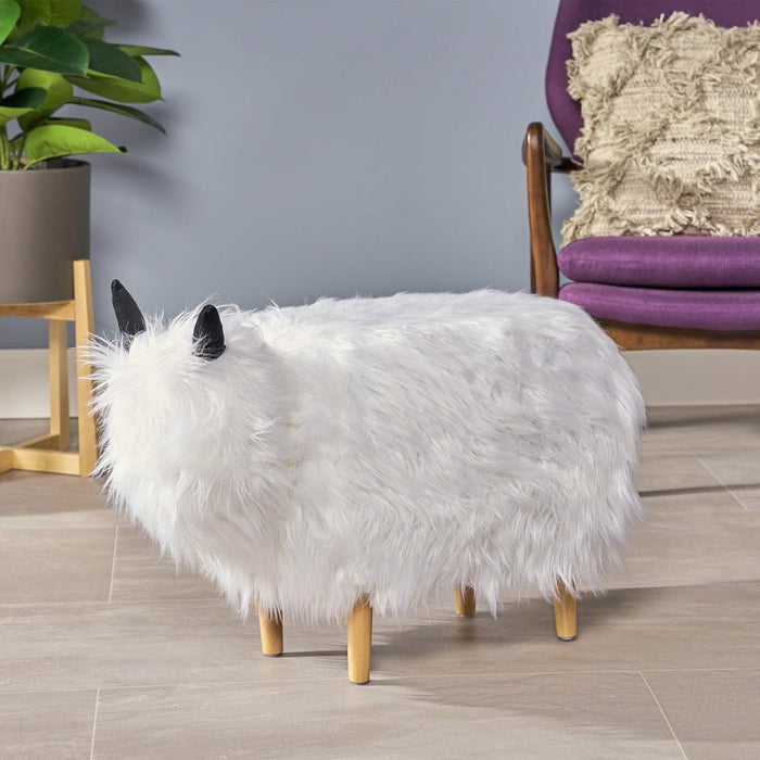 Julius Upholstered Wood Yak Footstool Ottoman, White