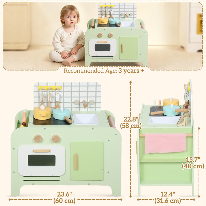 Qaba Kids Kitchen Playset, Play Kitchen, Toddler Pretend Cooking Toy Set with 15 Accessories, Microwave Oven, Cabinets, for Boys and Girls Ages 3+, Green