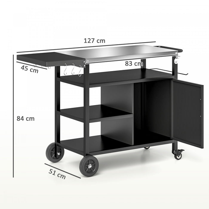 Outsunny Outdoor Grill Cart with Stainless Steel Top, Foldable Side Table, Pizza Oven Table, Wheels, Hooks, Shelves, Cabinet, Movable Barbecue Grill Dining Cart, Includes Cover, Black