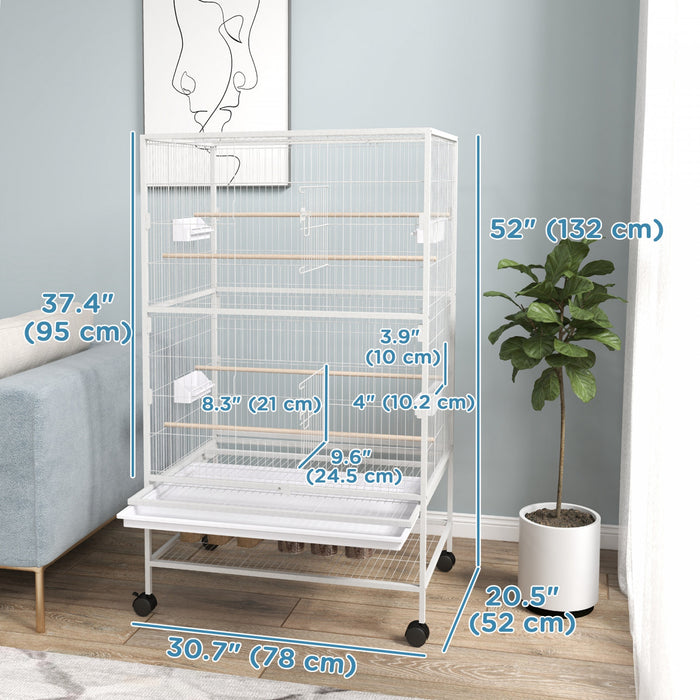 Pawhut 52\" Large Rolling Steel Bird Cage Bird House With Rolling Stand, Storage Shelf, Wood Perch, Food Container, Grey