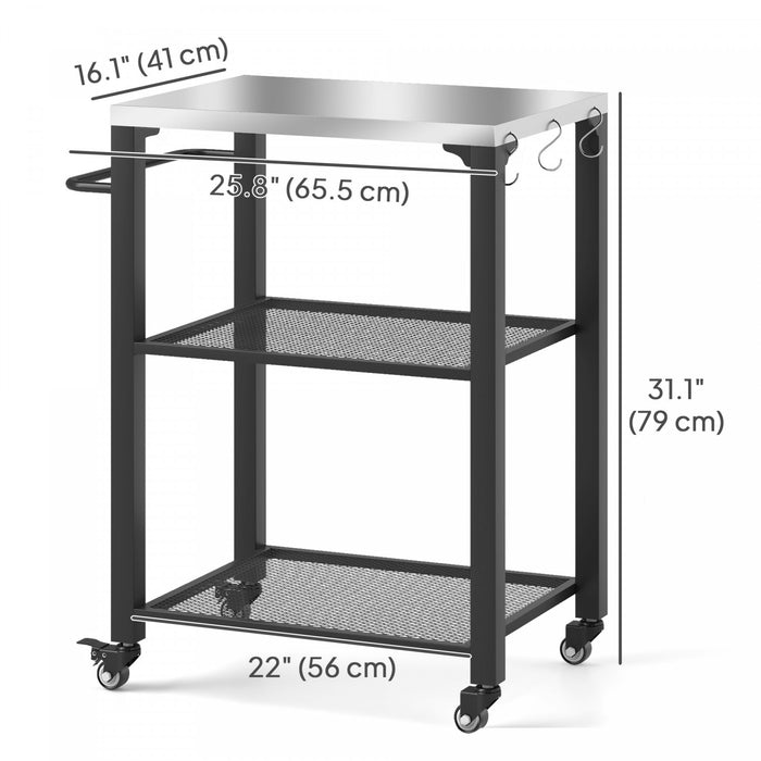Outsunny 3-Shelf Outdoor Grill Dining Cart with Stainless Steel Tabletop, Pizza Oven Stand with 3 Hooks, Side Handle, BBQ Movable Food Prep Table with 4 Wheels for Backyard Party