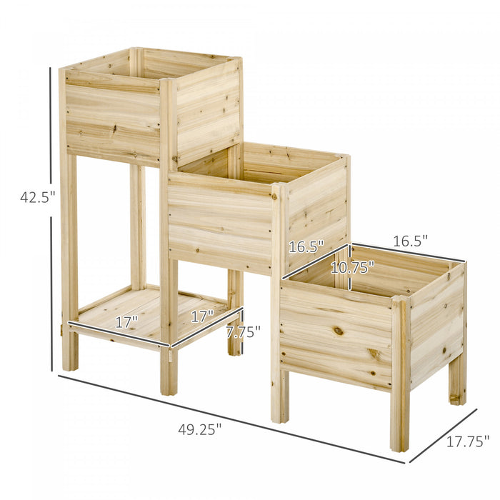 Outsunny 49'' X 18'' X 43'' 3-tier Raised Garden Bed W/ Storage Shelf And Drainage Hole, Wood Elevated Planter Box Kit, Freestanding Wooden Plant Stand For Vegetables, Herb And Flowers