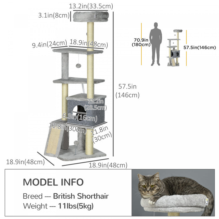 Pawhut 57.5\" Cat Tree With Scratching Posts, Cat Tower With Cat Condo, Bed, Perches, Toys, Ramp, Cat Tree For Large Cats Adult Indoor, Grey
