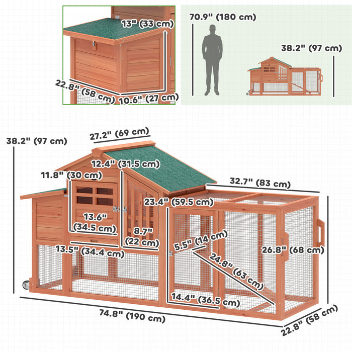 PawHut Chicken Coop with Run, Mobile Wooden Chicken House with Nesting Box, Roosting Bar, Ramp & Tray, Hen House Poultry Cage for 1-2 Hens, 74.8\" L x 27.2\" W x 38.2\" H