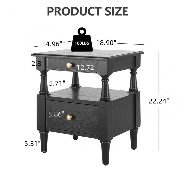 Aspen Nightstand Set of 2 with Drawers and Open Shelves, Black