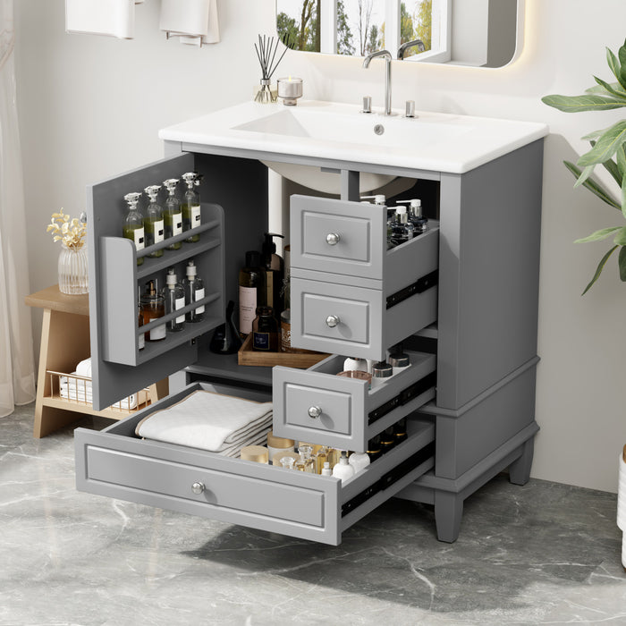 Emma 30\" Solid Wood Bathroom Vanity with Ceramic Sink and Soft-Close Door, Grey