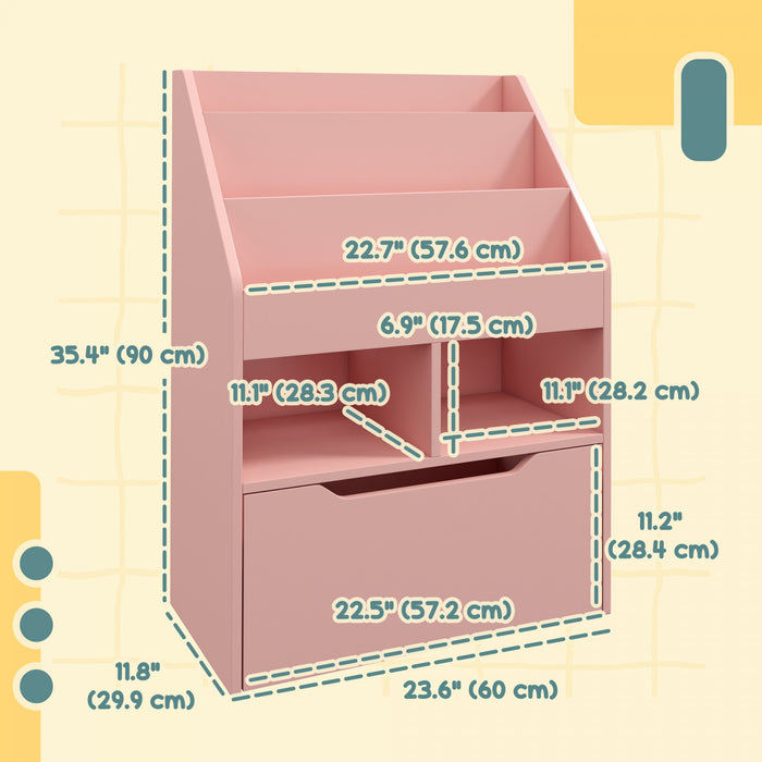 Homcom Kids Bookcase Multi-shelf Rack Organizer With Storage Drawer For Books For Reading Nook, Classroom, Bedroom, Playroom, Pink