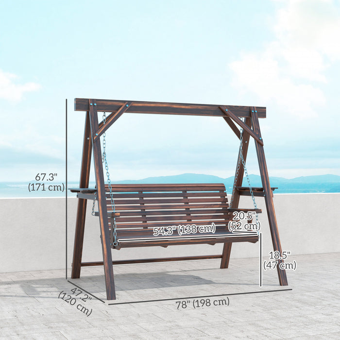 Outsunny 3 Seat Porch Swing with Stand and Side Tables, Carbonized Brown