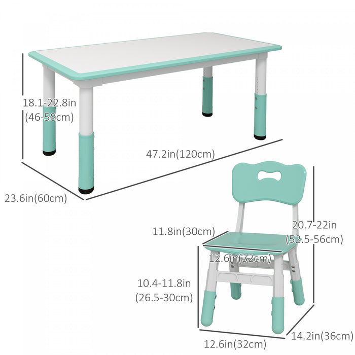 Qaba Kids Table And Chair Set With 4 Chairs, Adjustable Height, Easy To Clean Table Surface, For 1.5 - 5 Years Old, Green