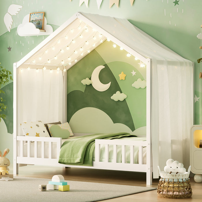 Paul Montessori Floor Bed with Canopy and High Railings,Twin Size，White Twin Bed