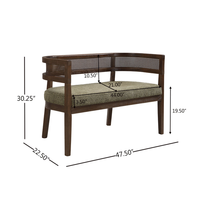 Rattan 47.5 Inch Rattan Upholstered Loveseat with Hand-Woven Backrest, Green, Walnut