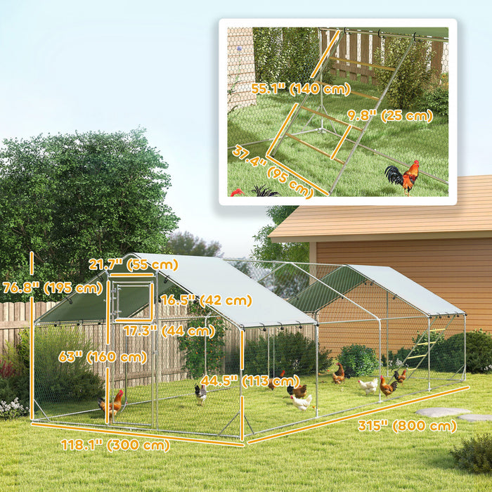Pawhut Chicken Run, Large Metal Chicken Coop With Feeding Door, Waterproof & Uv-resistant Cover, Hanging Feeder, Perch, Poultry Cage For Outdoor, Backyard, Farm, For 24-30 Poultry