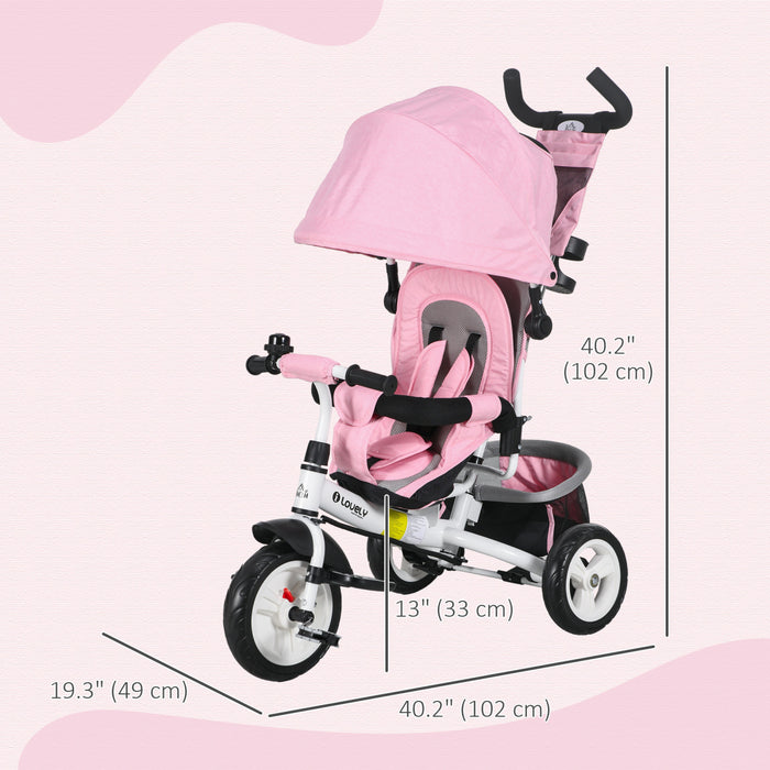 Qaba 6 In 1 Toddler Tricycle, Kids Trike With Foldable Canopy, Removable Parent-push Handle And Cover, Storage Basket, 5-point Safety Belt, For Child 1-5 Years, Pink