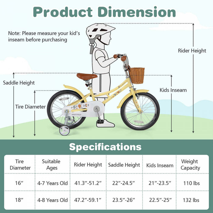 Costway 18\" Kids Bike With Height Adjustable Handlebar Seat Basket Bell Training Wheels Yellow