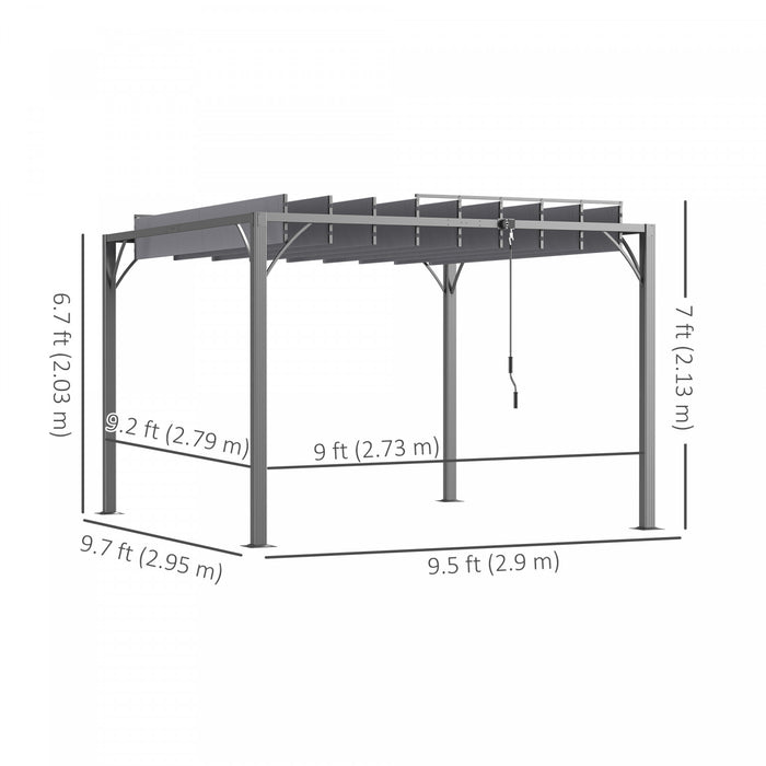 Outsunny 9.5' X 9.7' Outdoor Pergola With Retractable Roof, Aluminium Louvered Pergola Canopy, Patio Shelter With Ground Stakes For Patio, Lawn, Garden, Grey