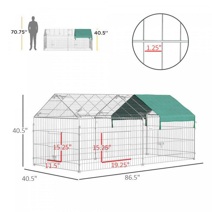Pawhut 86.5\" X 40.5\" Metal Chicken Coop With Water-resistant Cover, Outdoor Bunny Pen, Small Animal Playpen Kennel Enclosure For Puppy, Silver Green