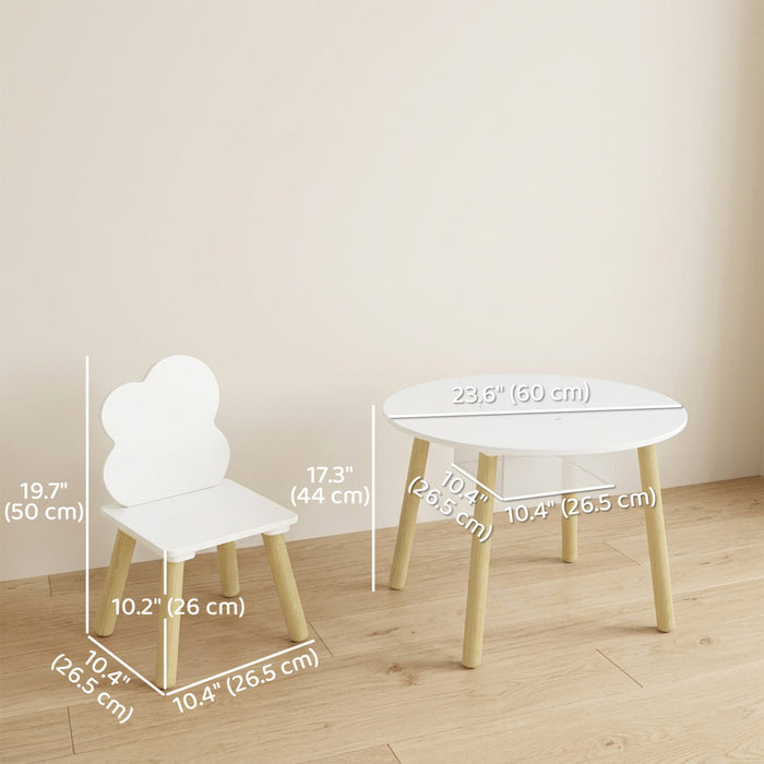 Qaba 3 Pieces Activity Table and Chair Set with Mesh Bag, Kids Table with Cloud-Shaped Chairs for Playroom, Nursery, Classroom, White