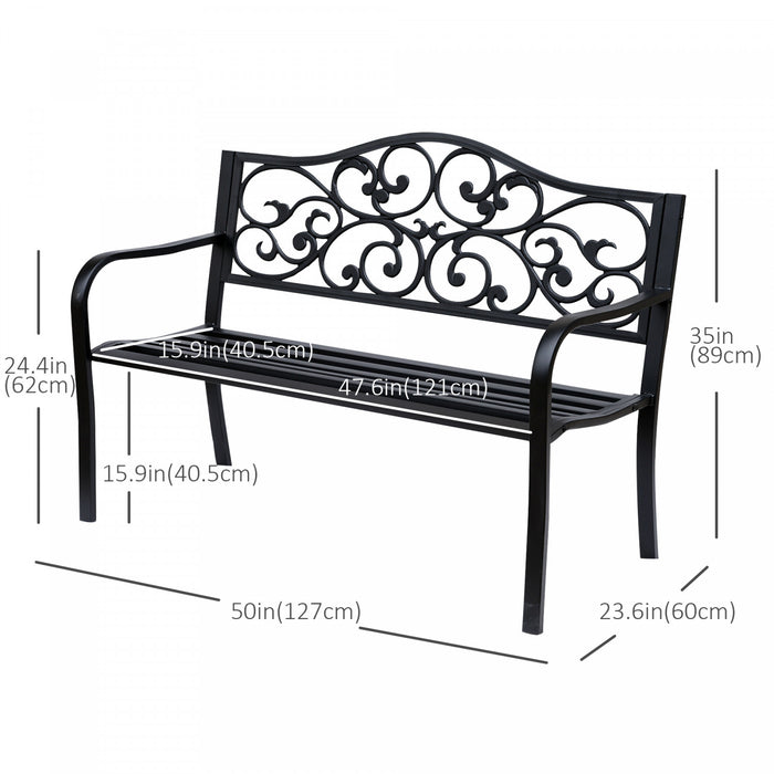 Outsunny 50\" Outdoor Metal Garden Bench With Vintage Floral Pattern, Black
