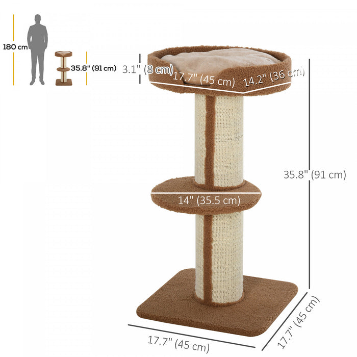 Pawhut 36\"h Large Cat Scratching Post For Indoor Cats, Bold Cat Tree Multi-level Kitty Tower With Sisal Mat Scratch Rope, Pet Bed, Removable Cushion, Perch, Brown
