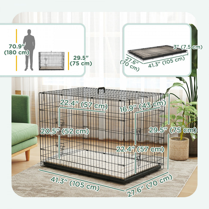Pawhut Dog Crate, 41\" Folding Metal Dog Kennel With 2 Doors, Removable Tray, Soft Cushion, Handle, Pet Cage For Extra Large Dogs, Black