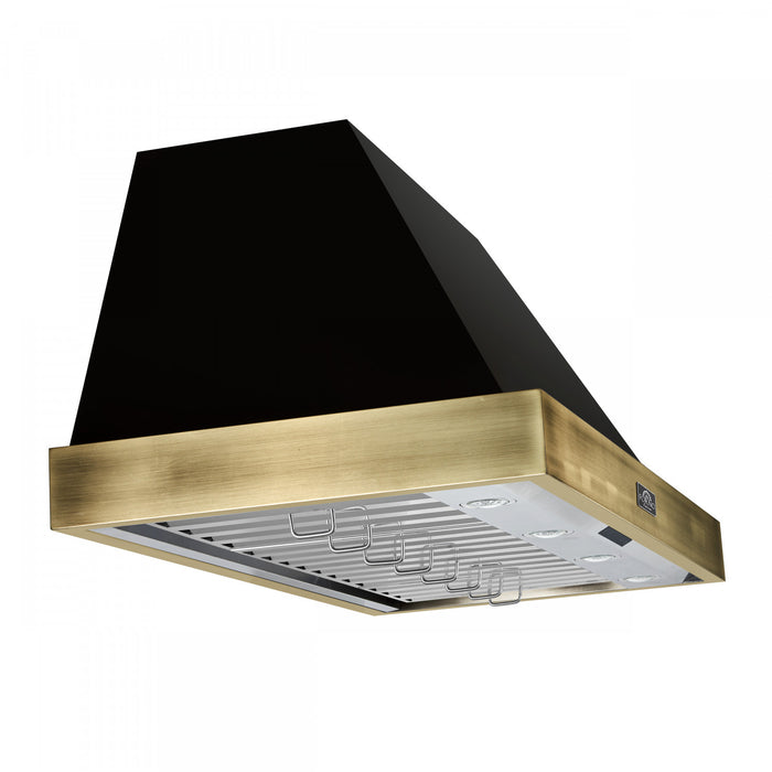 Forno Vittorio 48-Inch Wall Mount Range Hood, Black with Antique Brass Trim -FRHWM5078-48BLK