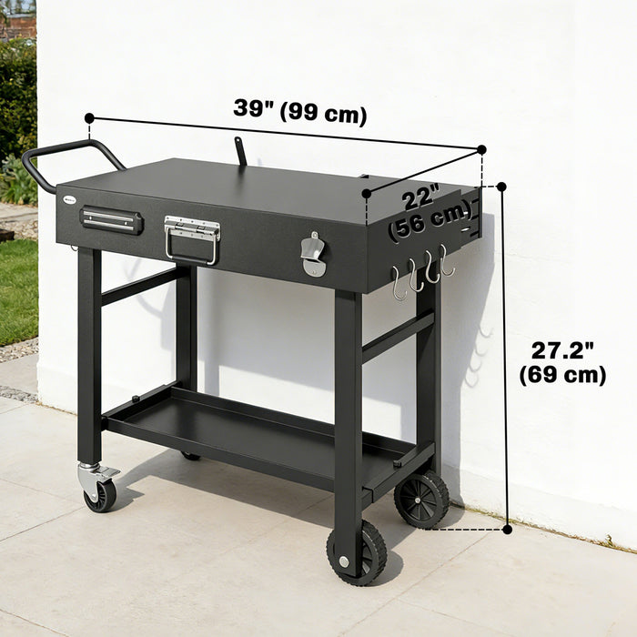 Outsunny Outdoor Grill Cart, Folding Grill Table with Wheels and Magnetic Knife Holder, Portable Griddle Stand with Handle, Hooks, Spice and Paper Rack, Bottle Opener, Black