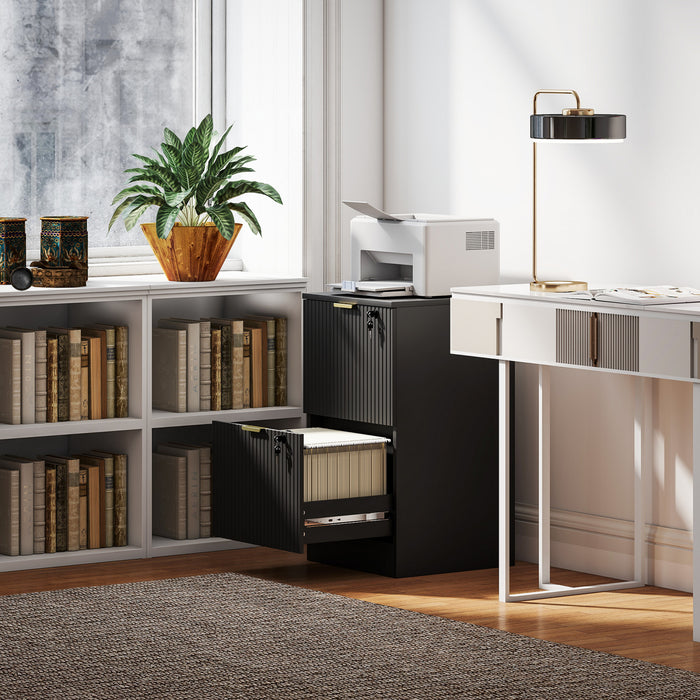 HOMCOM 2 Drawer File Cabinet Fluted Vertical Filing Cabinet with Lock Black