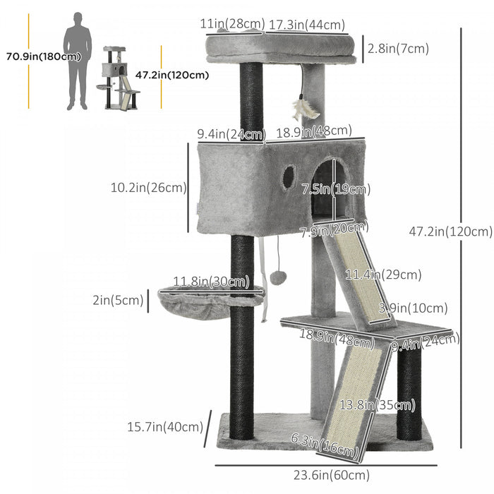Pawhut 47\" Cat Tree For Indoor Cats, Kitty Activity Center, Cat Tower With Cat Ear Bed Ramp Condo Hammock Hanging Ball Toys Sisal Rope Scratching Post, Light Grey