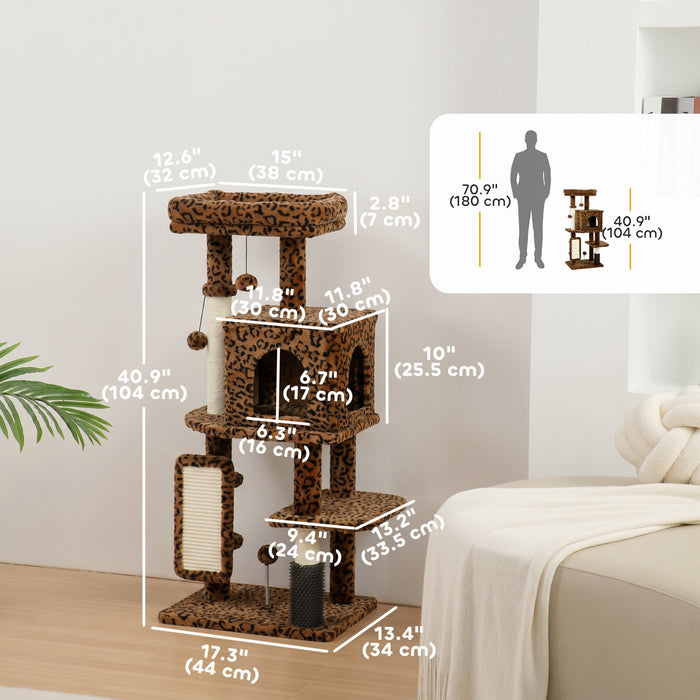 PawHut Cat Tree for Large Cat Adults, 41 Inch Cat Tower for Indoor Cats w/ Scratching Posts, Cat Bed, Condo, Jumping Platforms, Toy Balls, Leopard Print