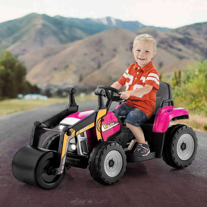 Costway Kids Ride On Road Roller 12v Electric Tractor Remote W/ Music & Led Light Pink