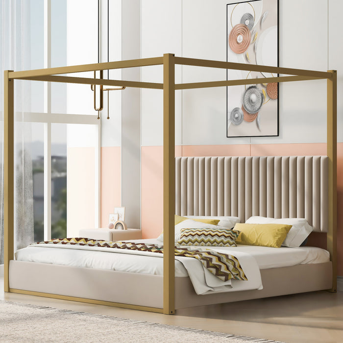 Sophia Upholstery Canopy Platform Bed with Foam Headboard and Velvet,King Size,Beige King Bed