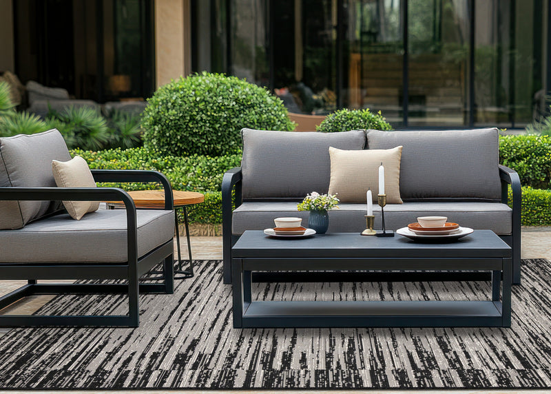 Jackson Black Grey Distressed Outdoor Rug, 6'7\" x 9'6\" Outdoor Area Rug