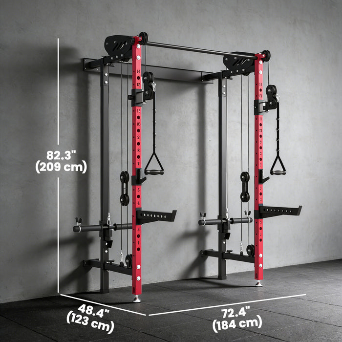 Soozier Foldable Power Cage, Space-Saving Power Rack with Pull-Up Bar, Red