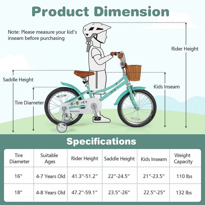 Costway 18\" Kids Bike With Height Adjustable Handlebar Seat Basket Bell Training Wheels Green