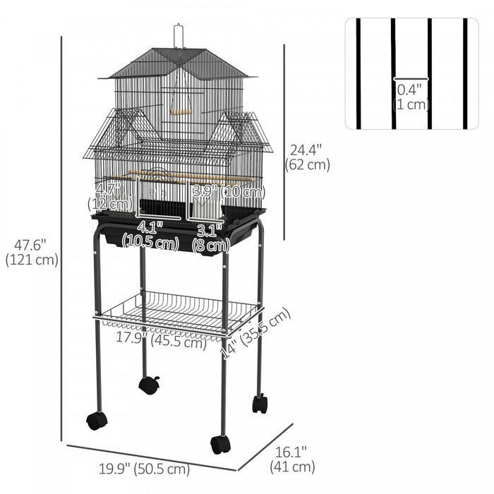 Pawhut 48\" Bird Cage For Finches, Canaries, Budgies, Indoor Parrot Cage With Perch, Swing, Food Container, Slide-out Tray, Handle, Stand, Bottom Shelf, Black