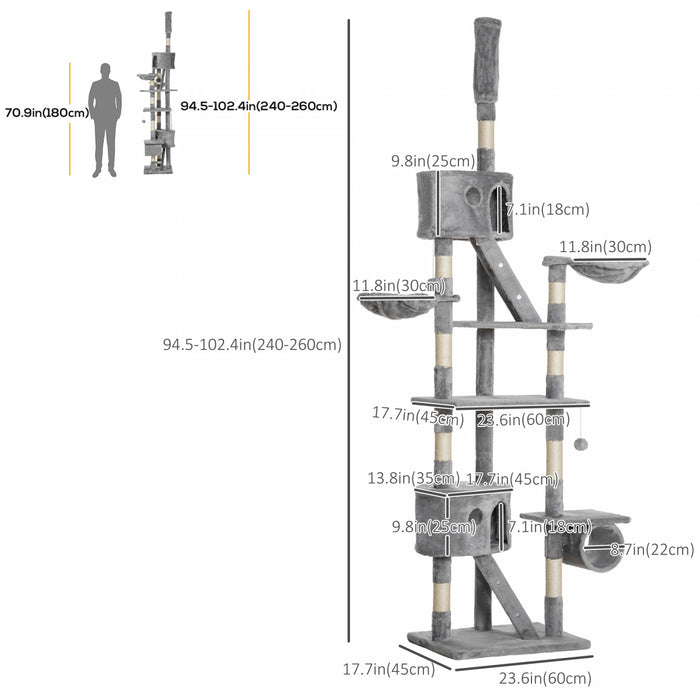Pawhut 94\"-102\" Huge Cat Tree Ceiling High Cat Condo Scratching Post Activity Center Multi-level Play House Light Grey