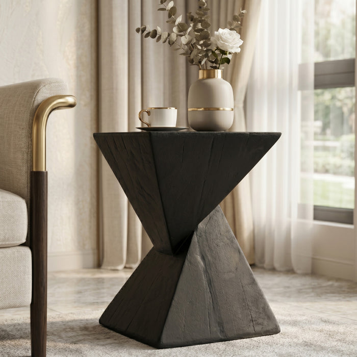 Zane 18\" MGO Geometric Twisted Accent Table, Unique Wood Grain Indoor Side Table, Black