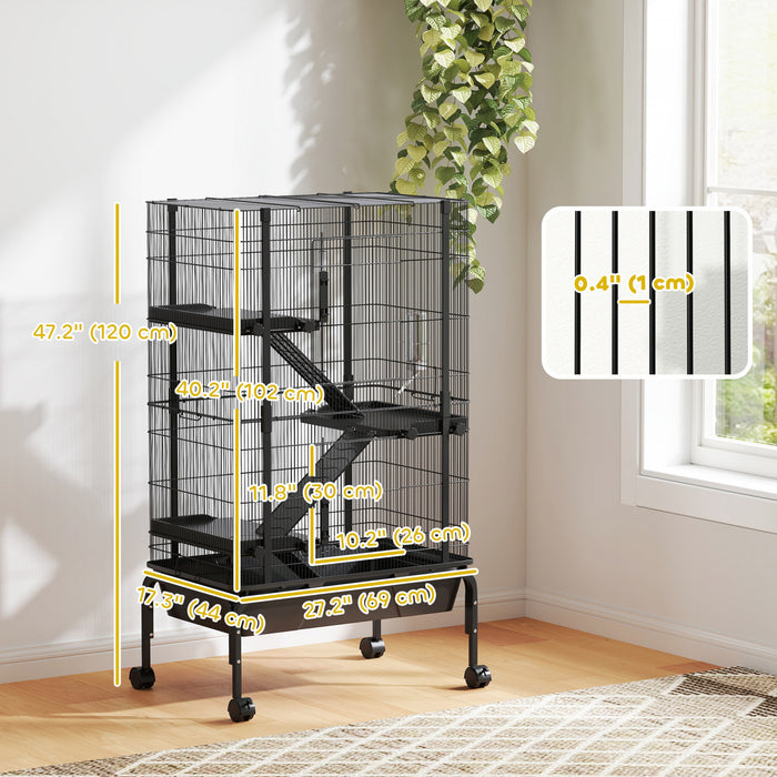 PawHut 47\"H Ferret Cage, Large 4-Tier Guinea Pig Cage with Wheels, Ramps, Bowl, Water Bottle & Removable Tray, Metal Small Animal Habitat for Rabbits, Chinchillas, Black