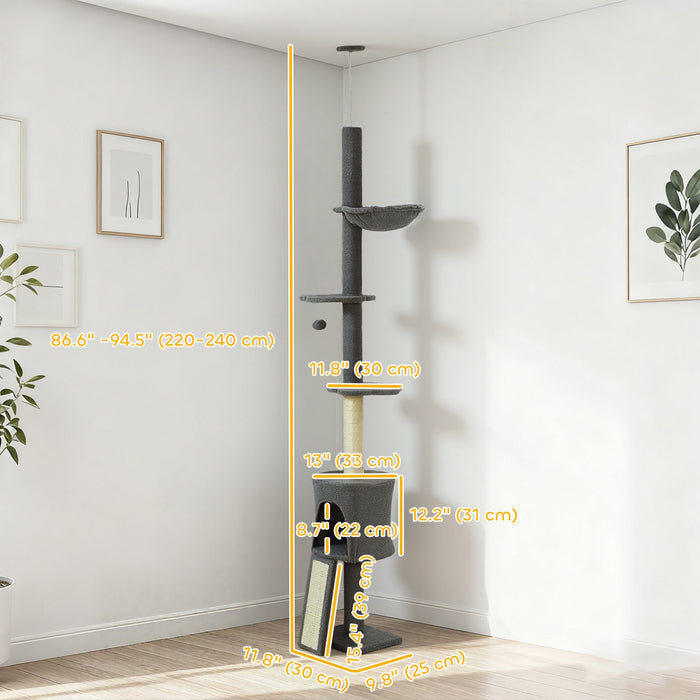 PawHut Floor to Ceiling Cat Tree, 5-Tier Cat Tower Adjustable Height 87\"-94.5\" with Sisal Scratching Post, Condo, Hammock, Ramp, Climbing Activity Center for Indoor, Dark Grey