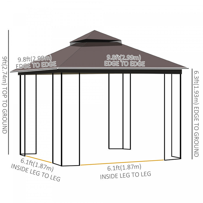 Outsunny 10' X 10' Outdoor Patio Gazebo Canopy With Double Tier Roof, Removable Mesh Curtains, Display Shelves, Top Hooks, Coffee