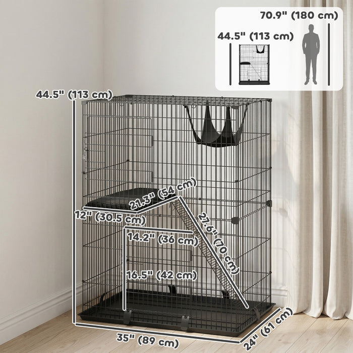 PawHut 2-Tier Cat Cage Indoor, Detachable Metal Wire Kennel with 2 Lockable Doors, Hammock, Ladder, Platform, Bottom Tray and Cushion for 1-2 Kittens, Black