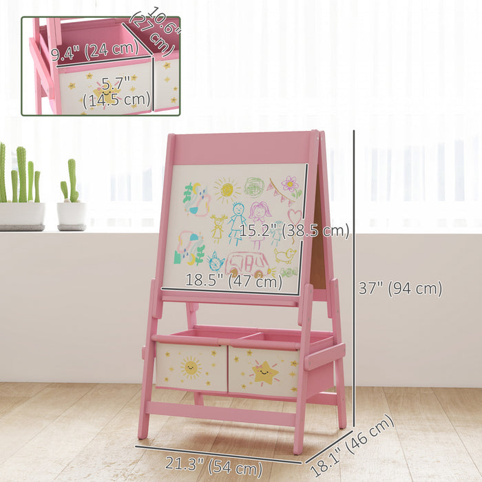 Qaba Art Easel For Kids, 3-in-1 Double-sided Kids Easel With Paper Roll, Whiteboard & Chalkboard, 2 Storage Boxes, Gift For Boys, Girls Ages 3-8, Pink