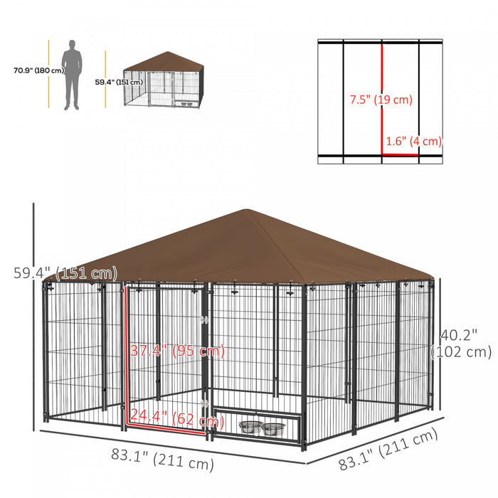 Pawhut Dog Run, 6.9' X 6.9' X 5' Outdoor Dog Kennel With Canopy, Rotating Bowls, Door For Backyard & Garden, Coffee