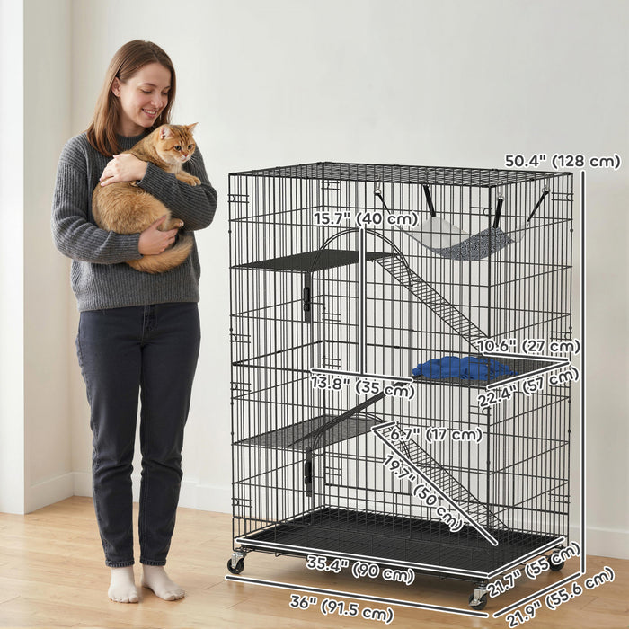 PawHut 4-Tier Cat Cage, 50\"H Large Cat Enclosure Metal Playpen with Wheels, Pull-Out Tray, Hammock, Bed, Ramps, Platforms for 1-2 Kittens, Ferrets, Squirrels and Chinchillas, Black